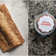 Side-by-side image of a frozen pastry shell with hot dog inside, and cup of bacon crumble and tiny squeeze bottle of apple mustard